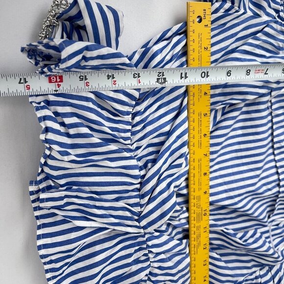 Zara‎ Puff Sleeve Striped Wrap Blouse Rhinestone Belted Waist Blue White Women S - Picture 10 of 12